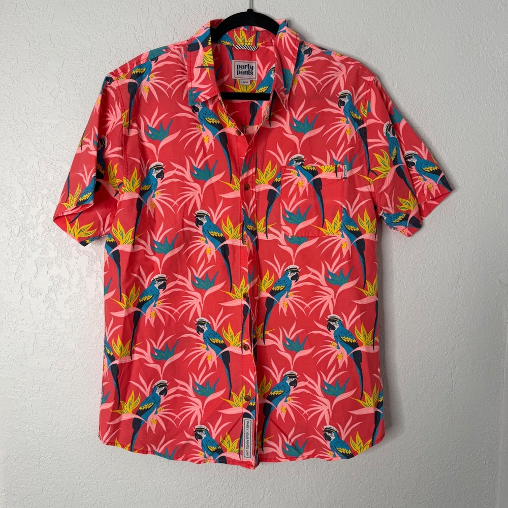 Party Pants Mens Large Red Tropical Parrot Print Short Sleeve Button Down Shirt
